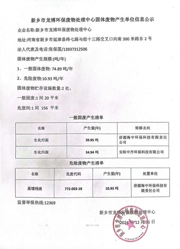 新鄉(xiāng)市龍博環(huán)保廢物處理中心固體廢物產(chǎn)生單位信息公示